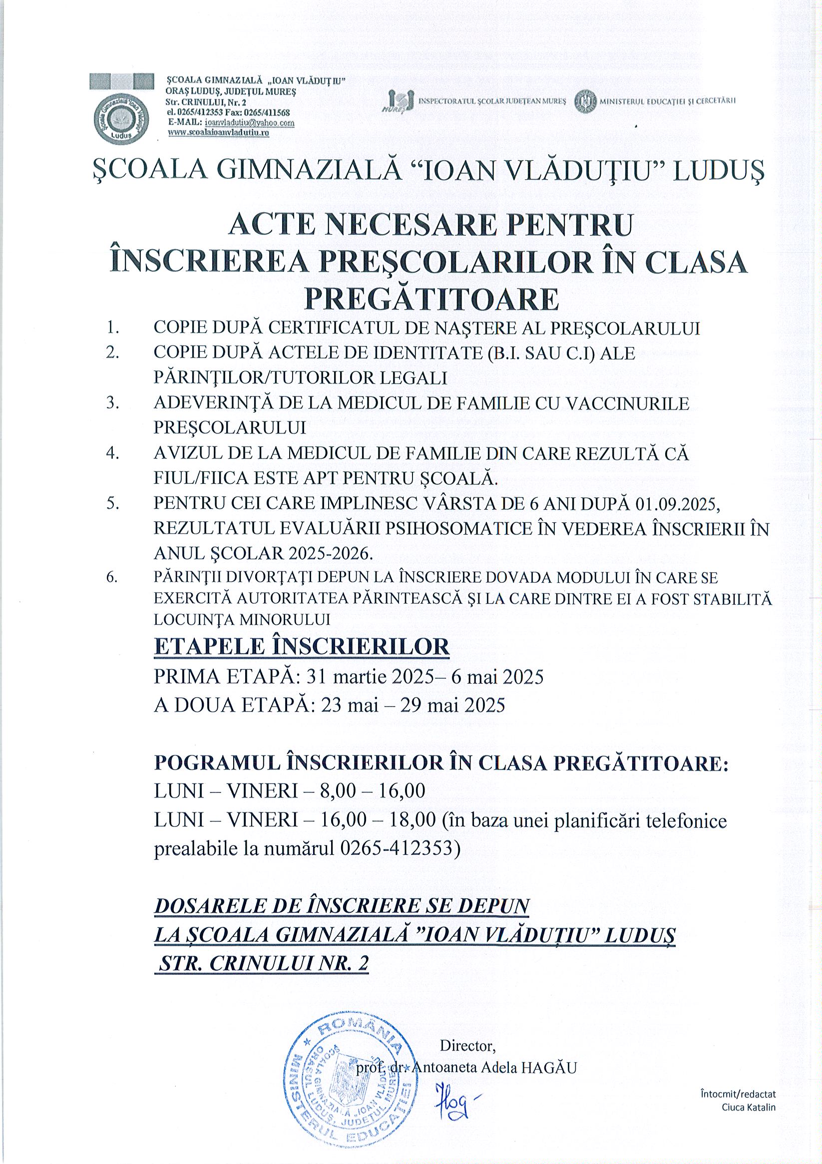 Acte necesare inscriere clasa pregatitoare