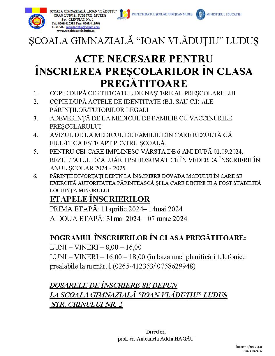 Acte necesare inscriere clasa pregatitoare